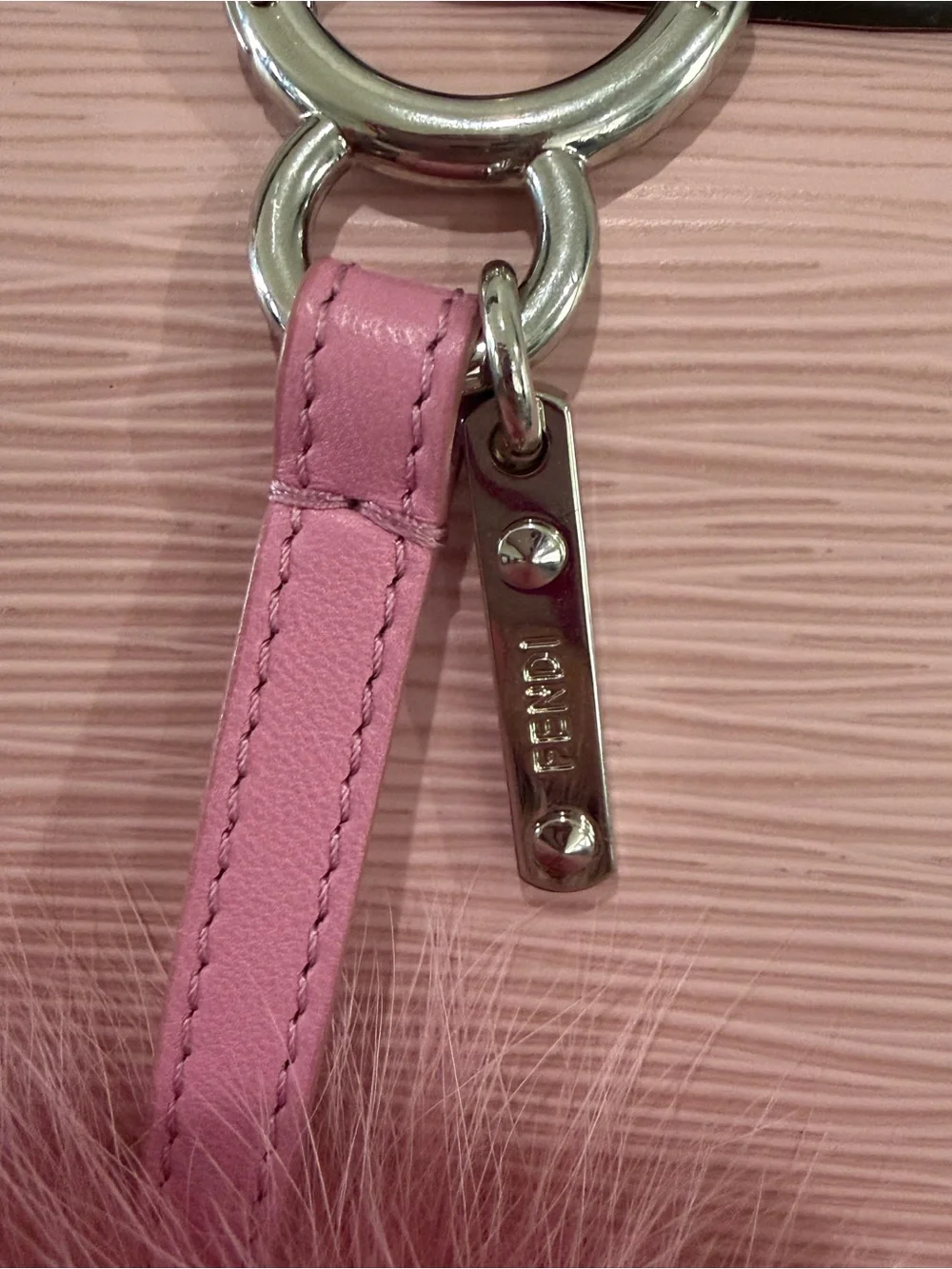 Authentic Fendi ABC Letter E Fox Fur Pom Pom Bag Charm Pink Navy Made in Italy